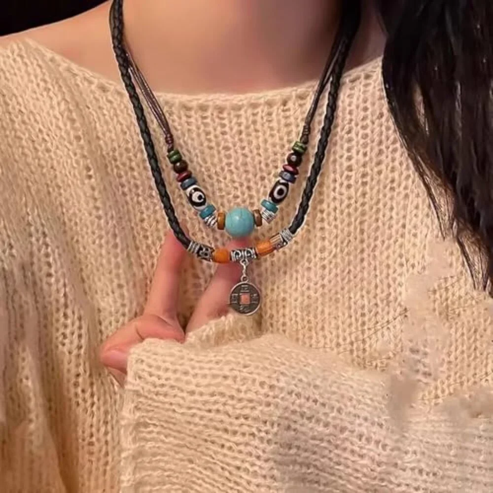 Layered Boho Wood Beads Choker Necklace Adjustable Hemp Cords Retro Fashion - Picture 7 of 8